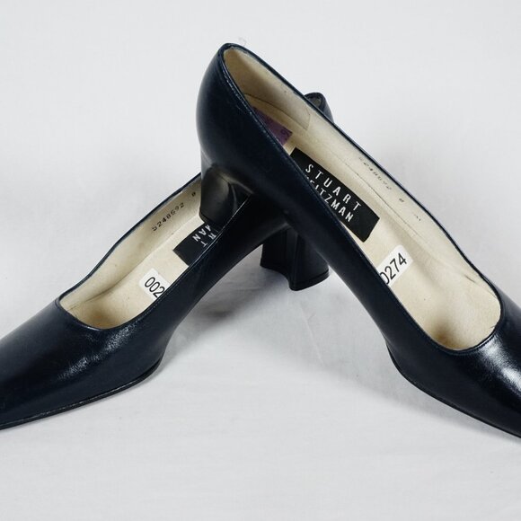 STUART WEITZMAN Leather Square Toe Heel Navy Blue Dress Shoe Size 8 AAA NEW - Picture 5 of 8